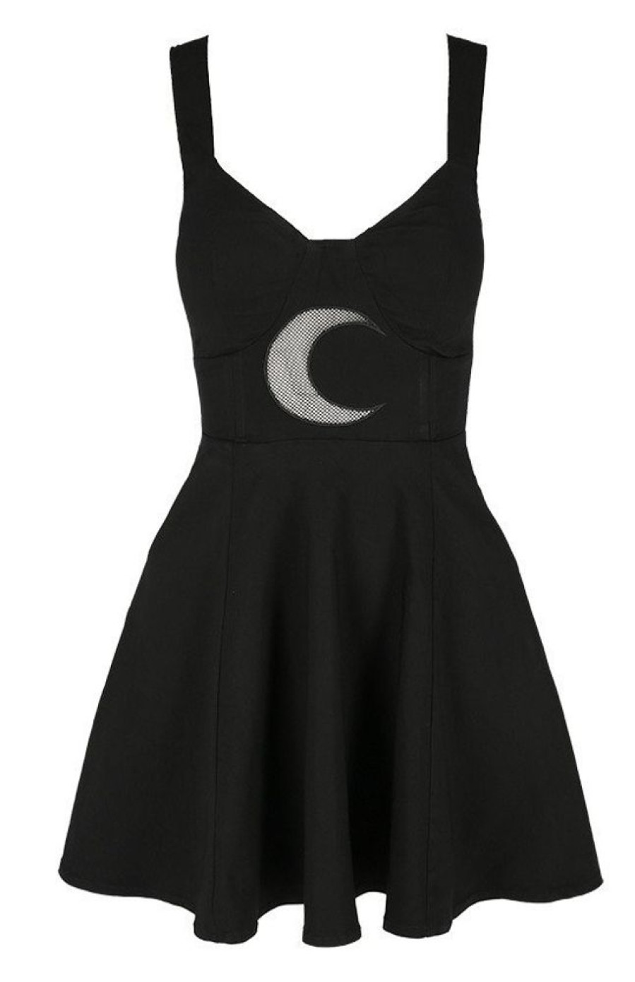 Clothes Restyle | Gothic Black Classic Dress With Mesh Crescent Moon Shape Of The Moon Dress