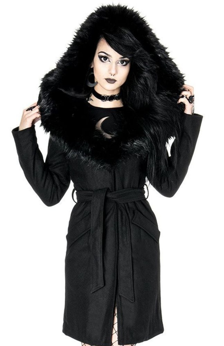 Clothes Restyle | Arcanum Coat Black Gothic Winter Coat With Oversized Fur Hood