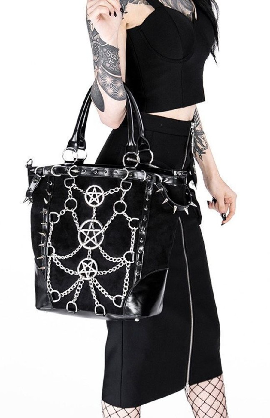 Handbags Restyle | Chained Pentagram Tote Bag Gothic Handbag With Harness And Spikes