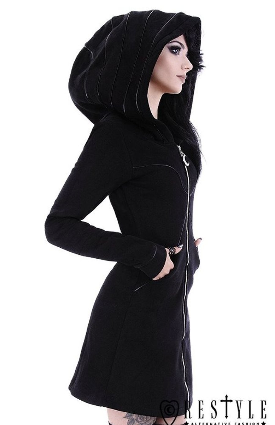 Clothes Restyle | Long Jacket With Oversized Hood, Black Riding Hood, Moon "Layered Hoodie"