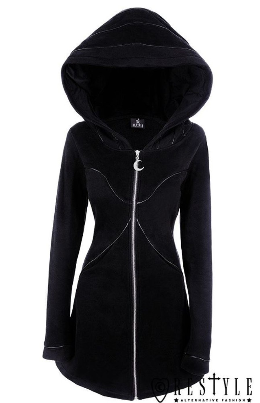 Clothes Restyle | Long Jacket With Oversized Hood, Black Riding Hood, Moon "Layered Hoodie"