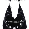 Handbags Restyle | Sack Bag Black Velvet Hobo Bag, Moon Phases Embroidery "Moon Child"