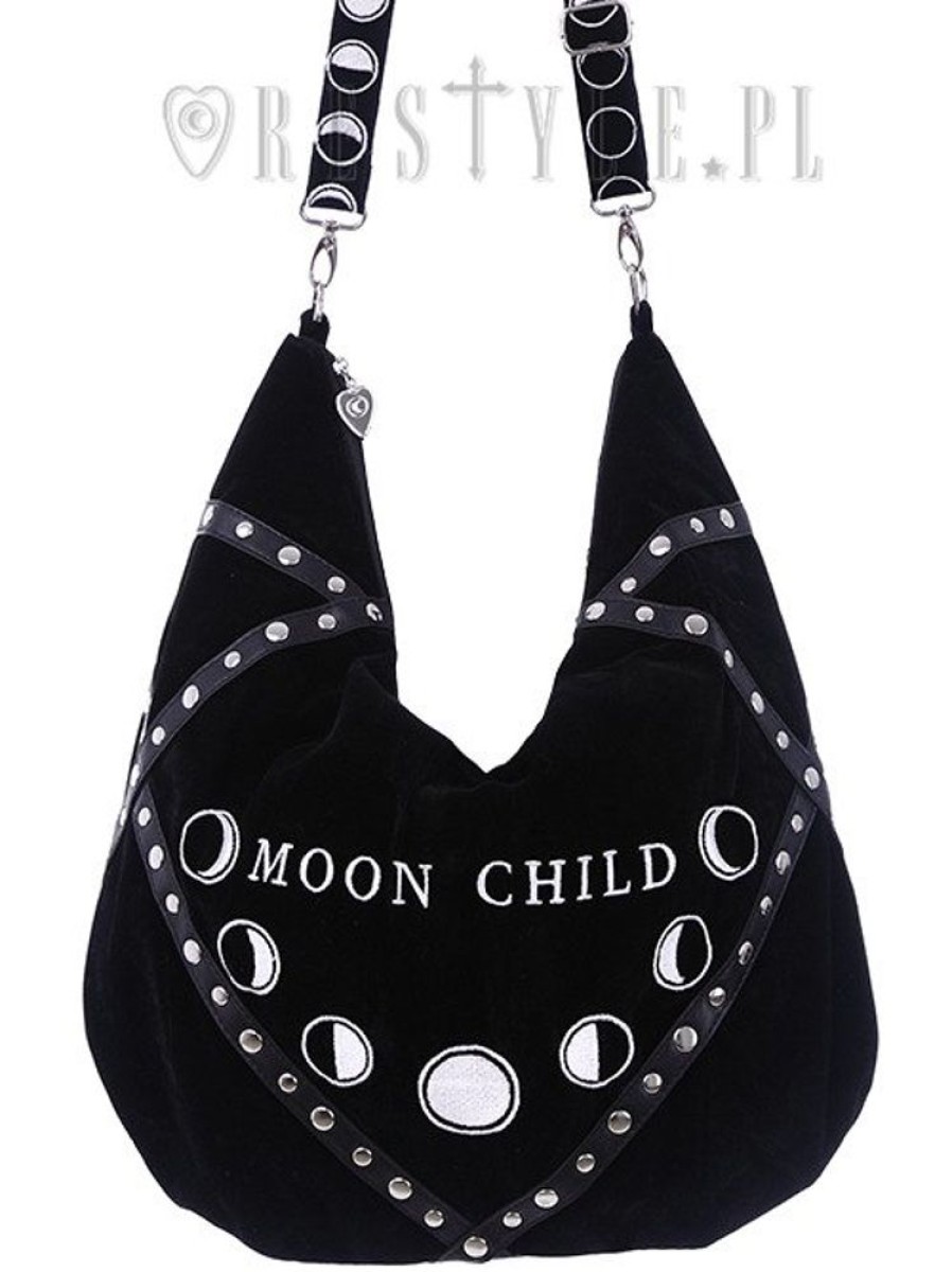 Handbags Restyle | Sack Bag Black Velvet Hobo Bag, Moon Phases Embroidery "Moon Child"