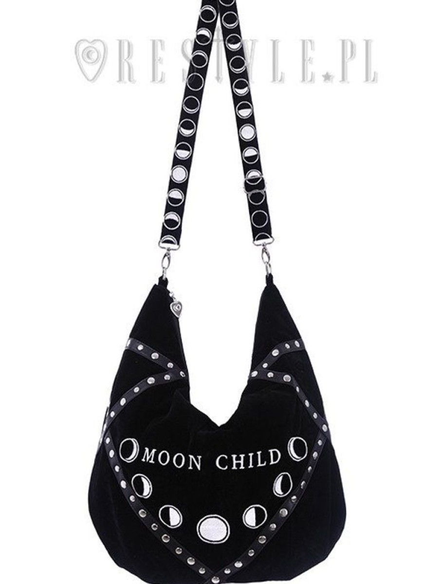 Handbags Restyle | Sack Bag Black Velvet Hobo Bag, Moon Phases Embroidery "Moon Child"