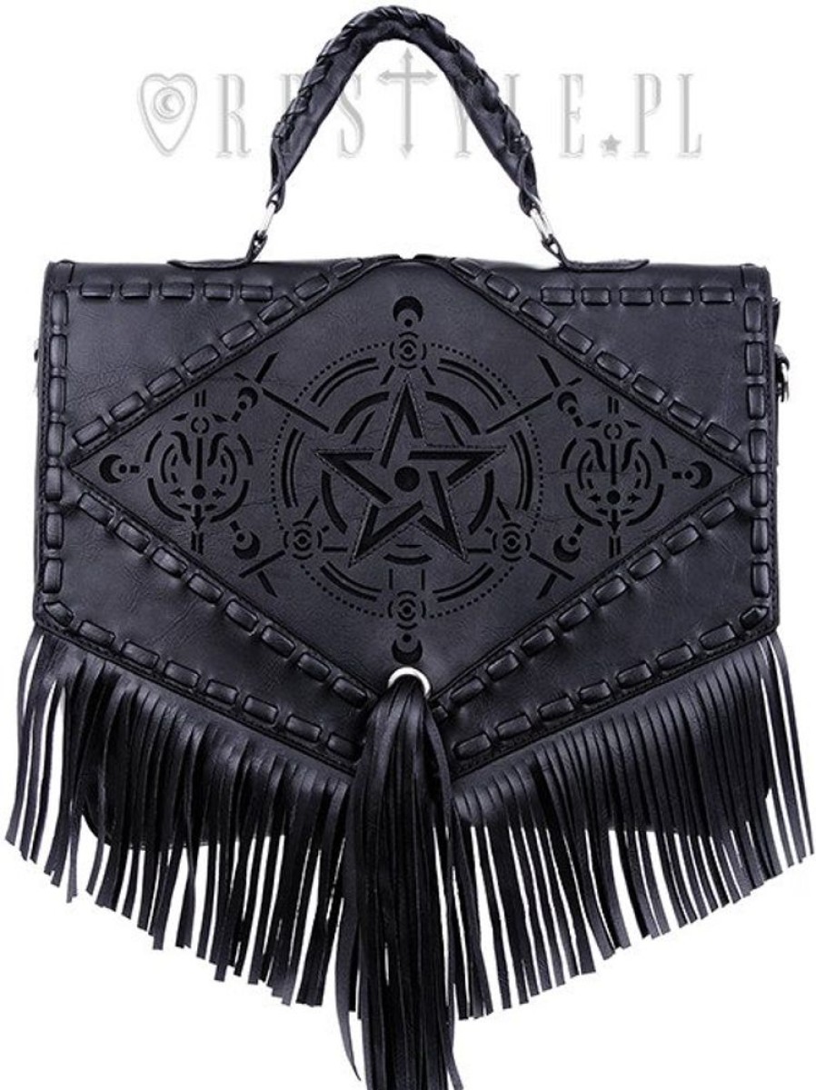 Handbags Restyle | Black Gothic Satchel With Fringe, Laser Cut Pentagram, Alchemical Symbols "Boho Witch Bag"