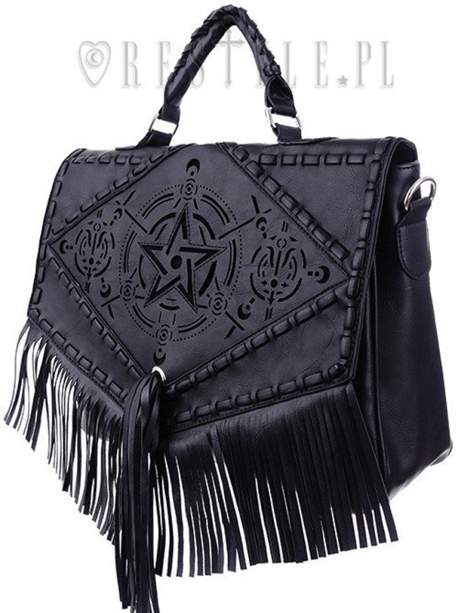 Handbags Restyle | Black Gothic Satchel With Fringe, Laser Cut Pentagram, Alchemical Symbols "Boho Witch Bag"