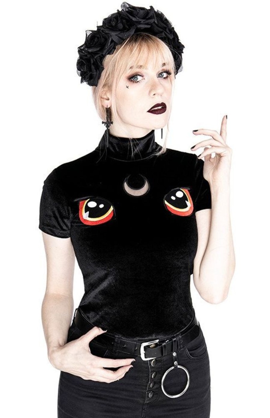 Clothes Restyle | Black Velvet Cat Top With Embroidery I See You