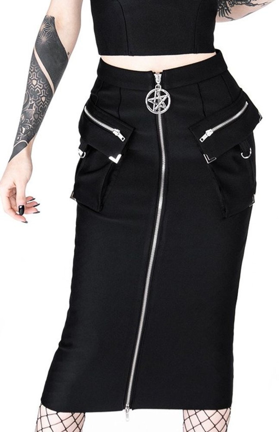 Clothes Restyle | Gothic Black Woman Pencil Skirt With Pockets Utility Midi Skirt