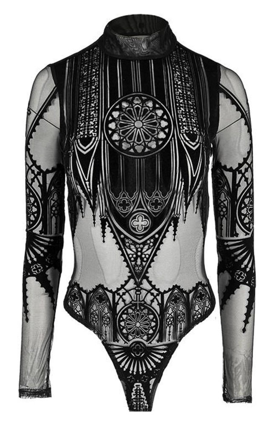 Clothes Restyle | Black Gothic Inverted Cathedral Mesh Bodysuit