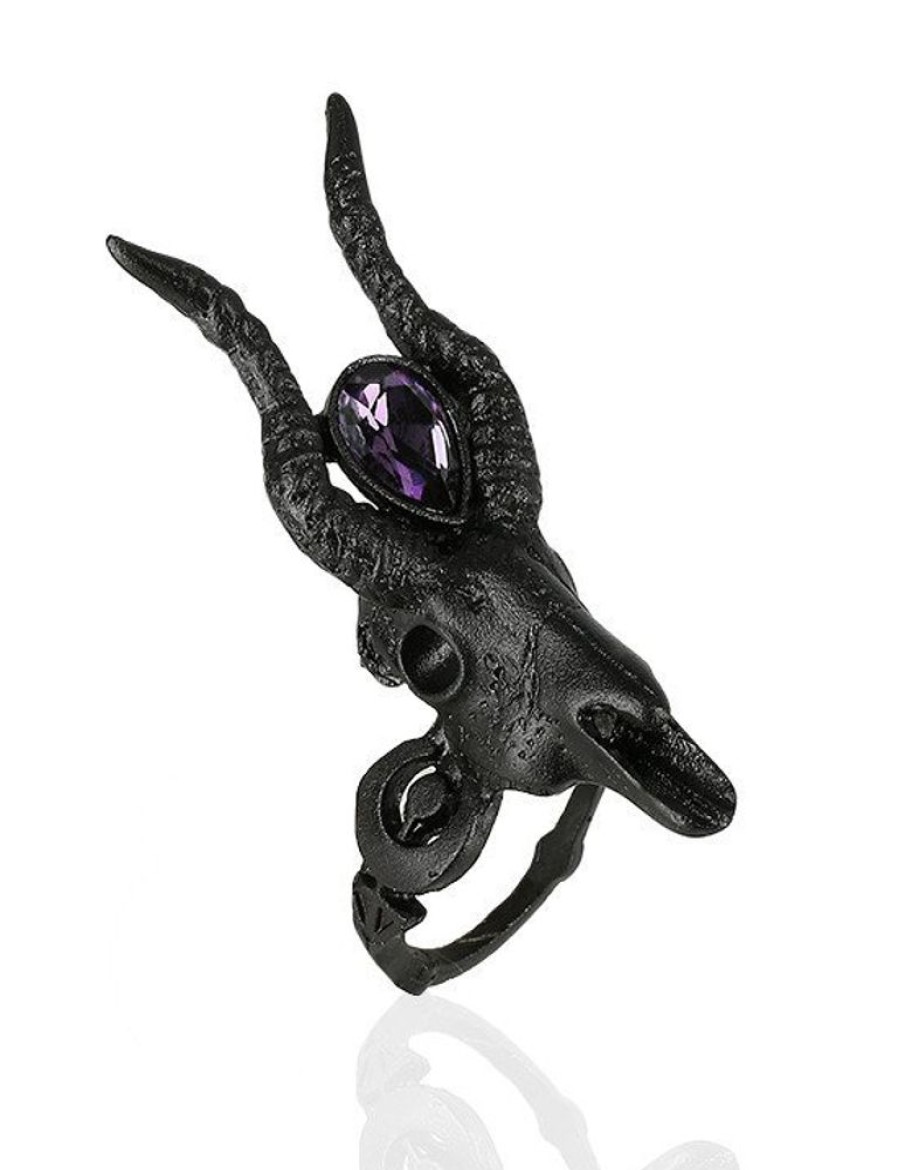 Jewellery Restyle | Gothic 3D Black Crescent Skull Ring With Opal