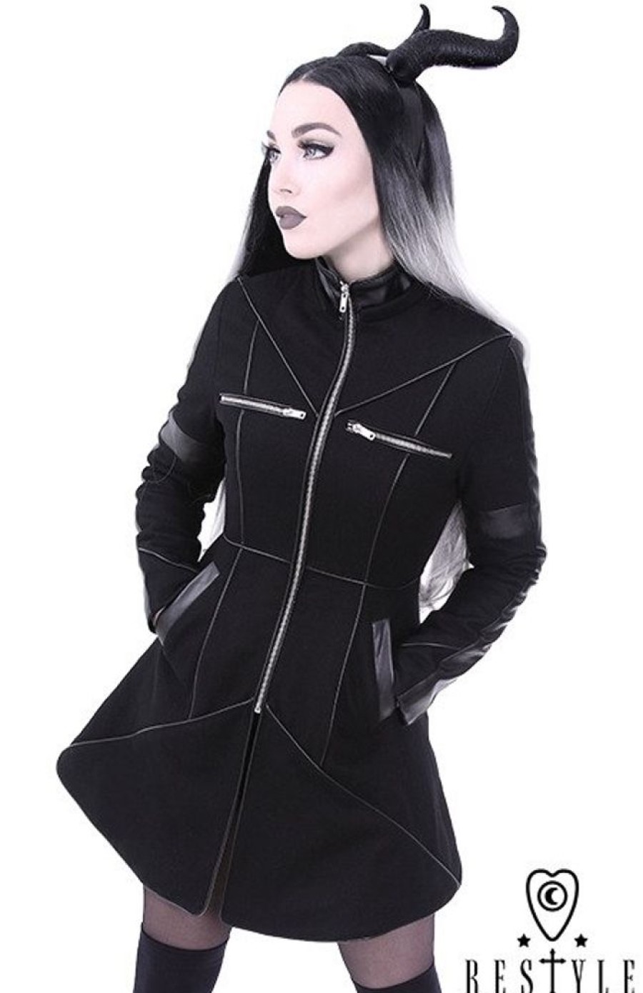 Clothes Restyle | Black Winter Jacket With Pockets, Detachable Hood, Wool "Geometry Coat"