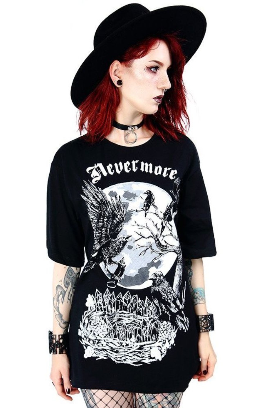 Clothes Restyle | Black Oversized Women`S Top With Crows Nevermore