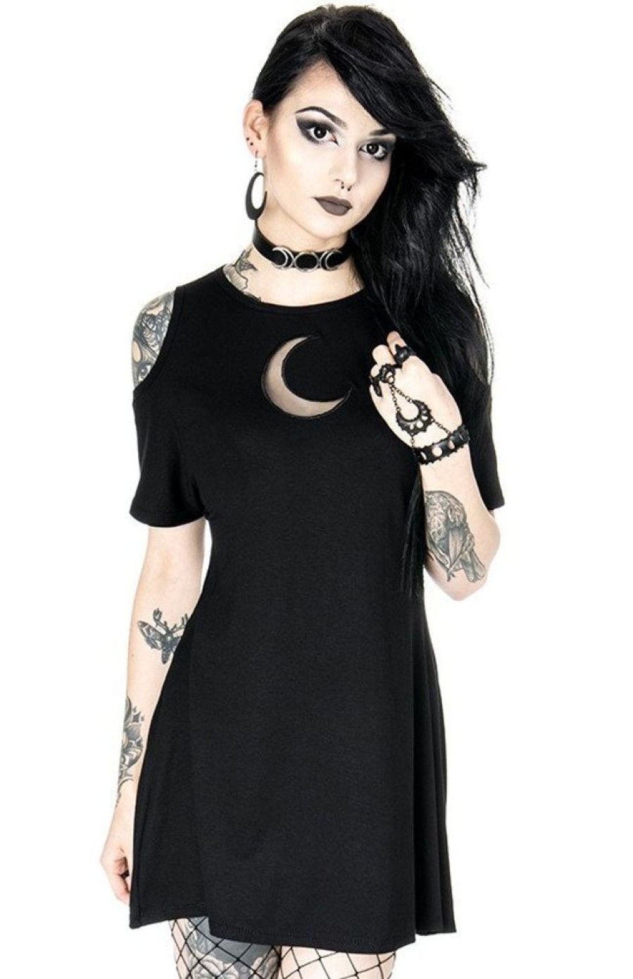 Clothes Restyle | Crescent Dress Oversized With Cold Shoulder, Mesh Moon Tunic, Gothic Tunic