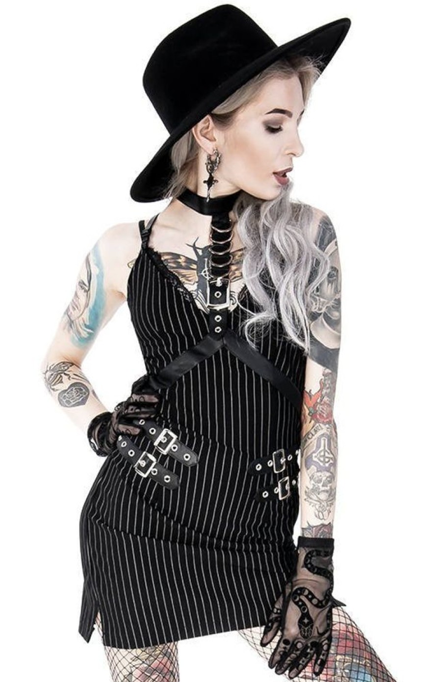 Clothes Restyle | Collared Pinstriped Mini Gothic Dress