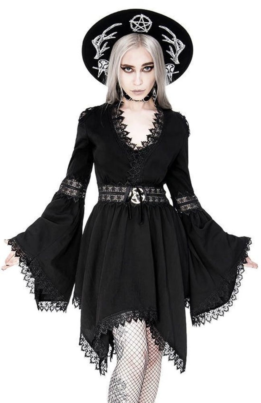 Clothes Restyle | Lace Trim Spectre Tunic Gothic Dress With Wide Sleeves