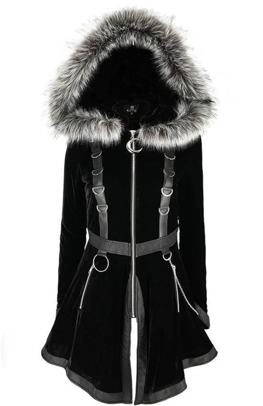 Clothes Restyle | Black Velvet D-Ring Coat With Oversized Hood Trimmed With Silver Fur