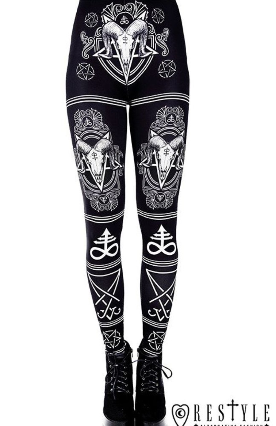 Clothes Restyle | Black Gothic Leggings With Ram Skull And Pentagram "Satanic Leggings"