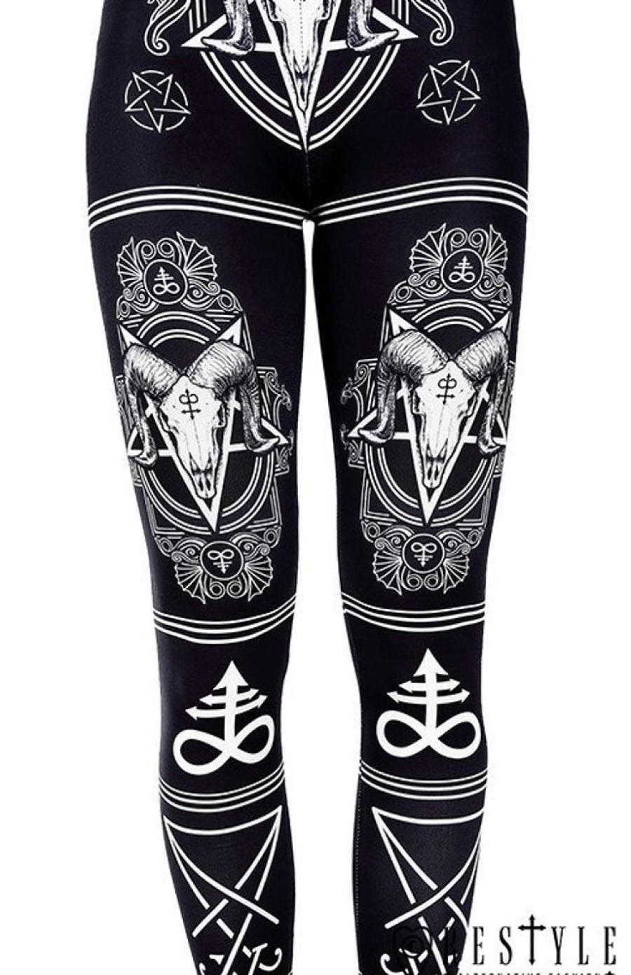 Clothes Restyle | Black Gothic Leggings With Ram Skull And Pentagram "Satanic Leggings"