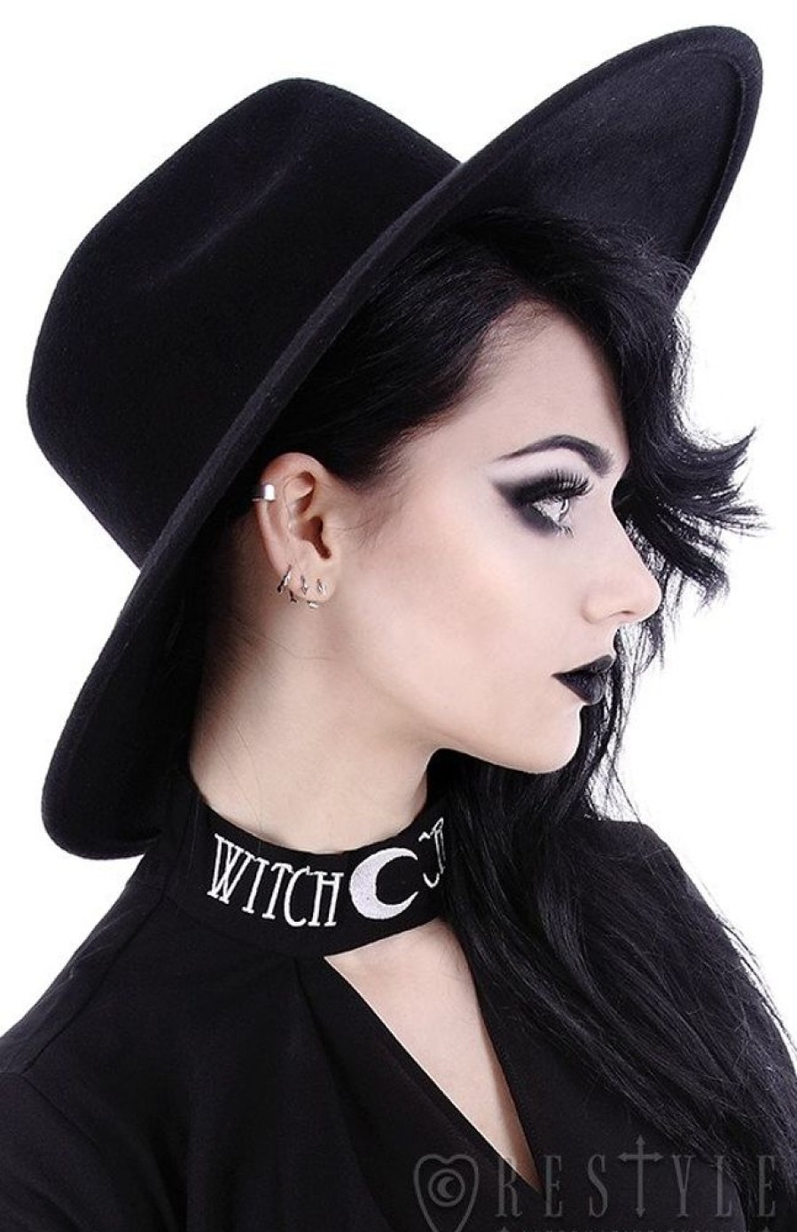 Accessories Restyle | Black Gothic Wide Brim Hat, Stiff, Nugoth Headdress "Witch"