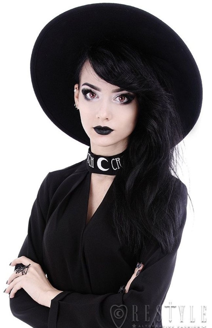 Accessories Restyle | Black Gothic Wide Brim Hat, Stiff, Nugoth Headdress "Witch"