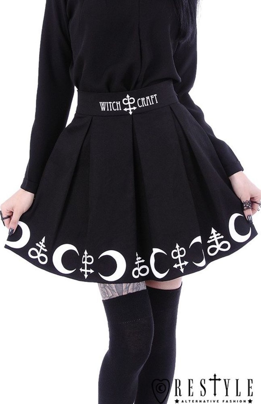 Clothes Restyle | Black Pleated Short Skirt With Alchemy Print, Moon, Symbols "Symbol Skirt"