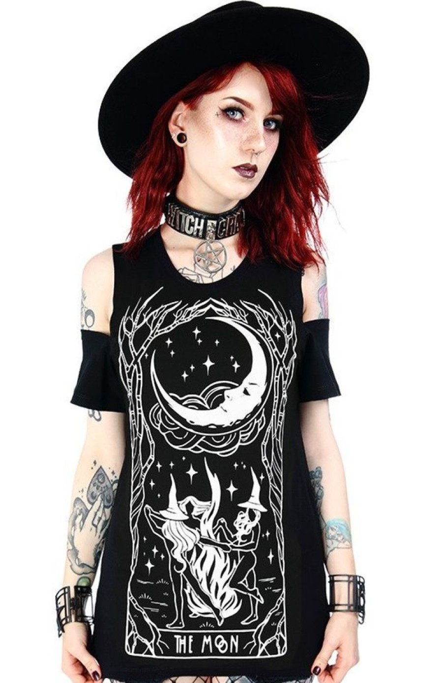 Clothes Restyle | Black Women`S T-Shirt Cold Shoulder Witches Chant