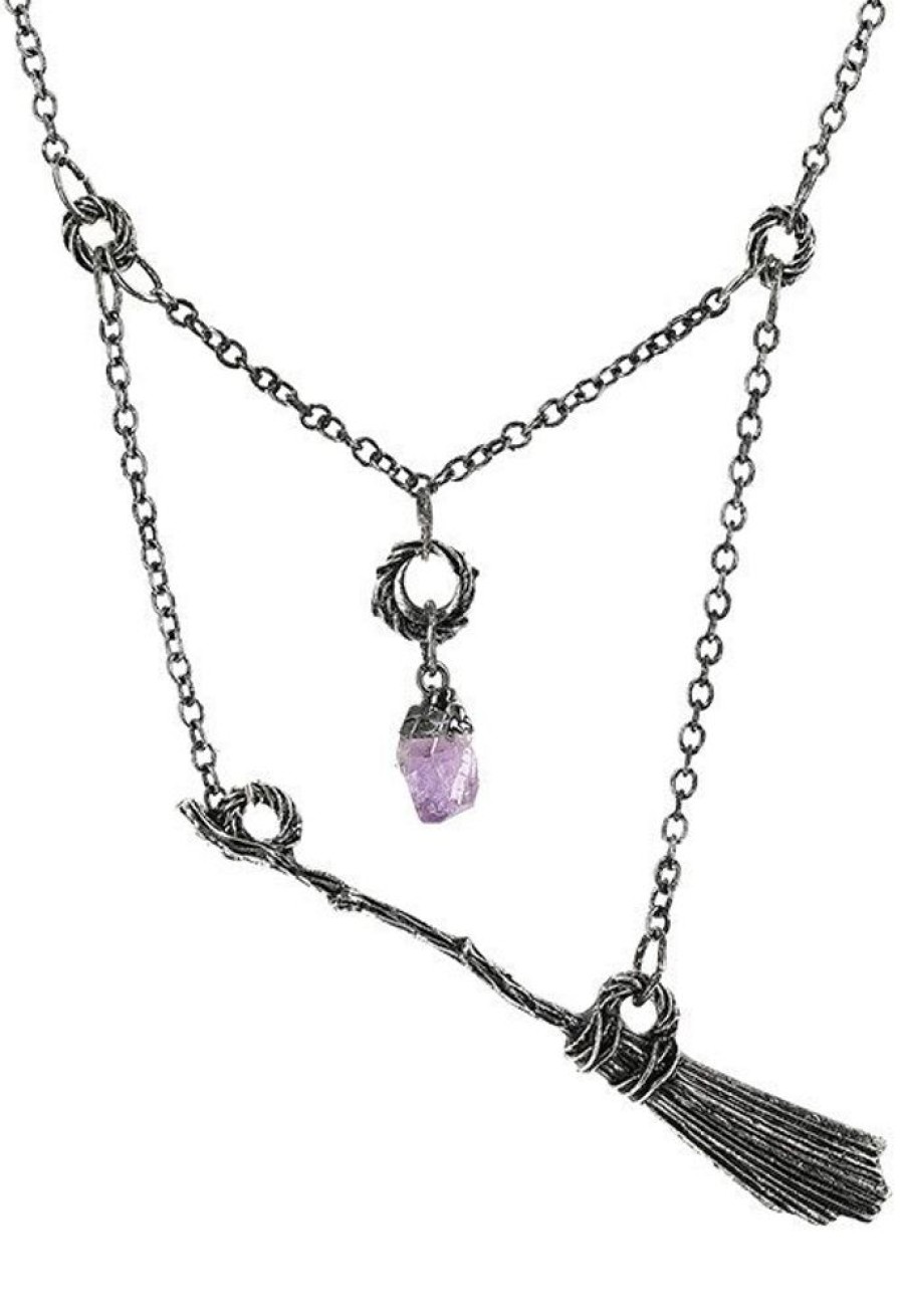 Jewellery Restyle | Gothic Witch Broomstick Silver Necklace With Purple Crystal