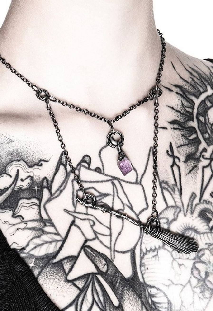 Jewellery Restyle | Gothic Witch Broomstick Silver Necklace With Purple Crystal