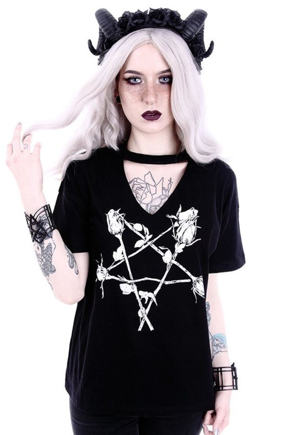 Clothes Restyle | Gothic Blouse, Witchy V-Neck With Choker "Rose Pentagram"