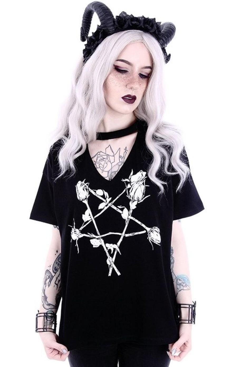 Clothes Restyle | Gothic Blouse, Witchy V-Neck With Choker "Rose Pentagram"