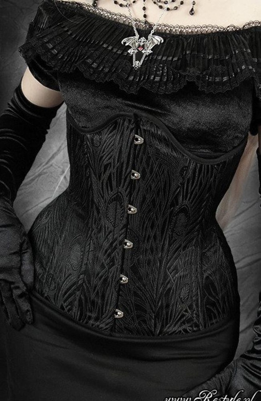 Corsets Restyle | Black Jacquard Underbust Longline Corset "Black Peacock"