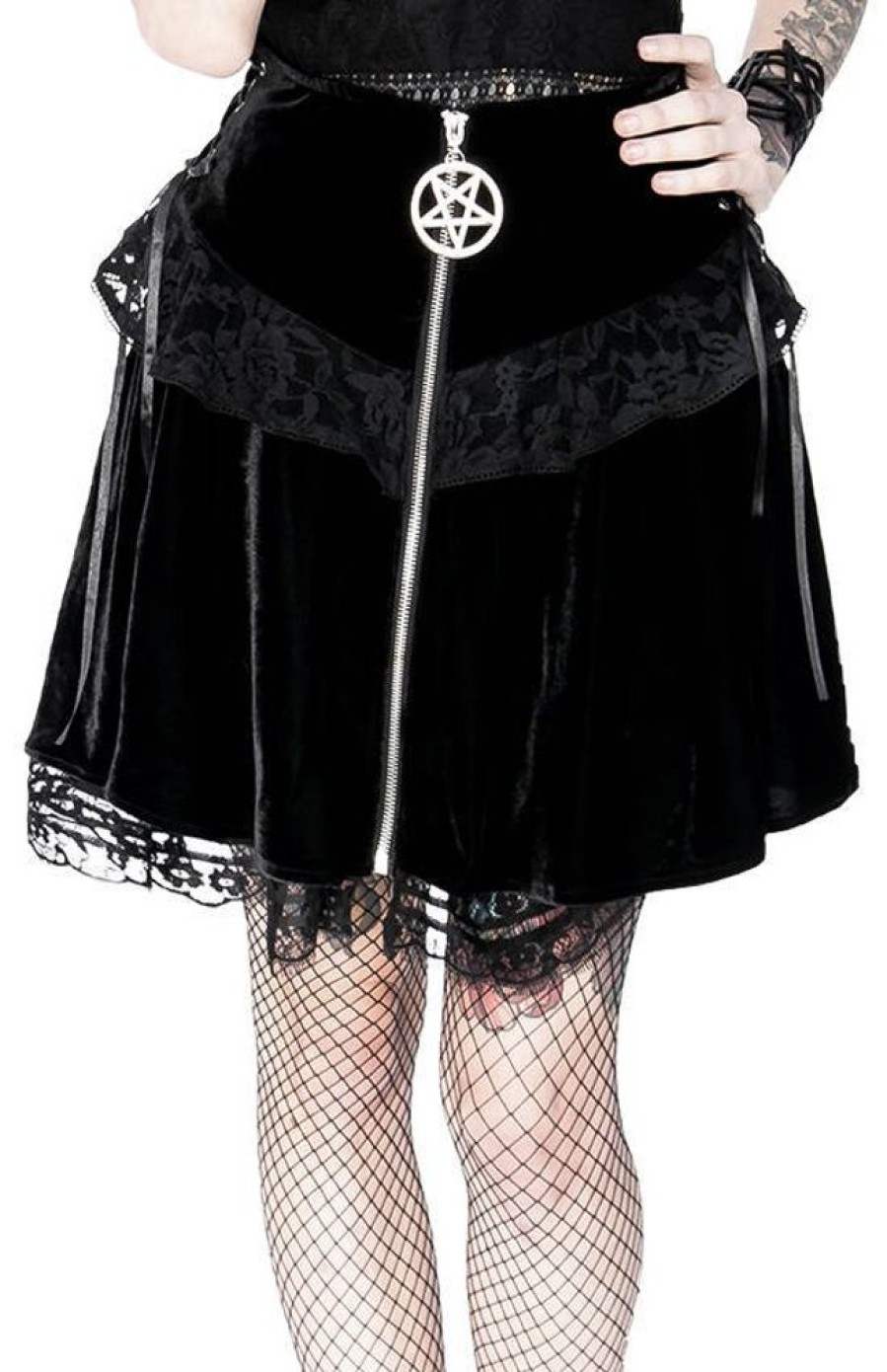 Clothes Restyle | Lace Up Velvet Mini Skirt With Pentagram