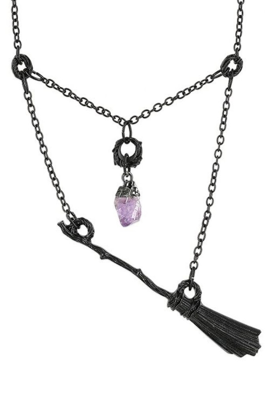 Jewellery Restyle | Gothic Witch Black Broomstick Necklace With Purple Crystal