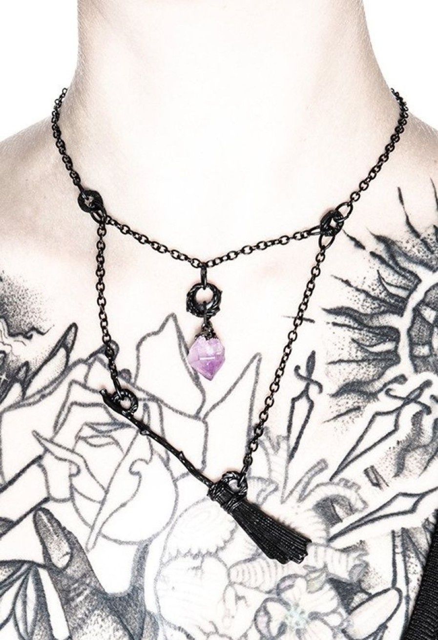 Jewellery Restyle | Gothic Witch Black Broomstick Necklace With Purple Crystal