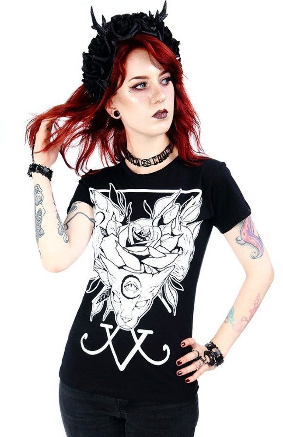 Clothes Restyle | Black Women`S T-Shirt Threeheaded Cat