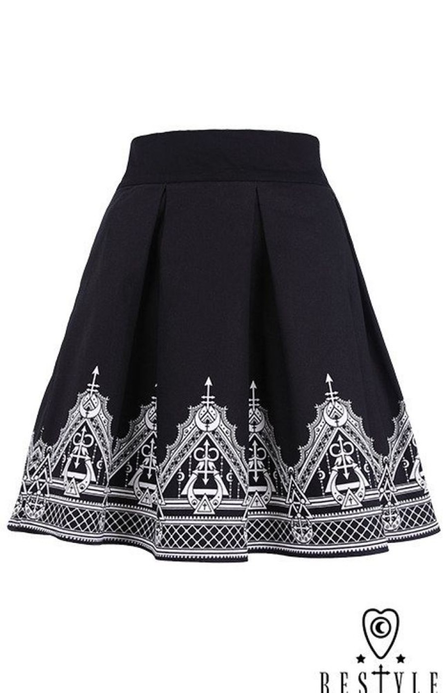 Clothes Restyle | Black Pleated Short Skirt With Henna Print, Moon, Symbols "Henna Skirt"