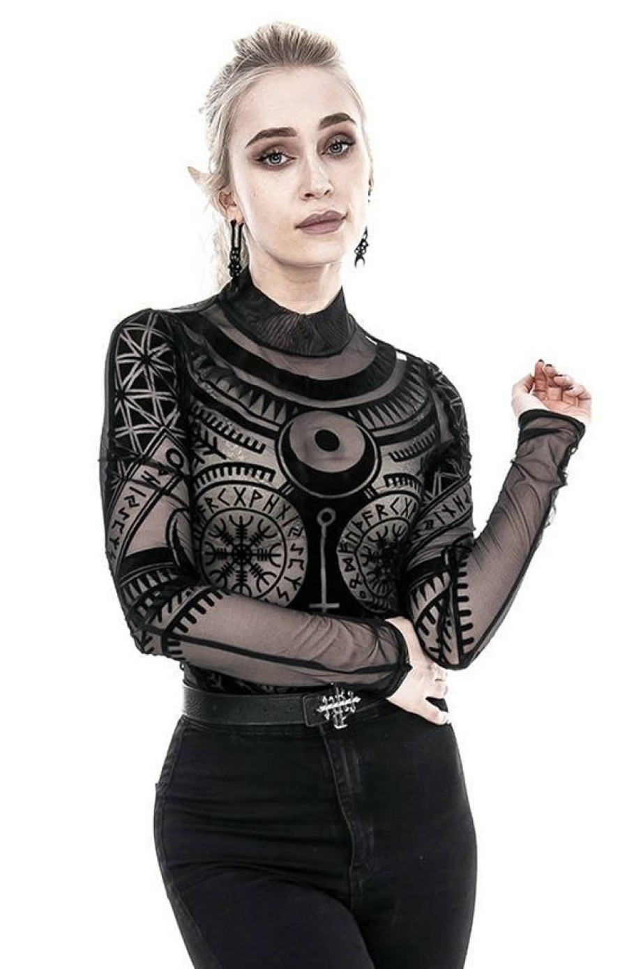 Clothes Restyle | Black Gothic Runes Mesh Pagan Bodysuit