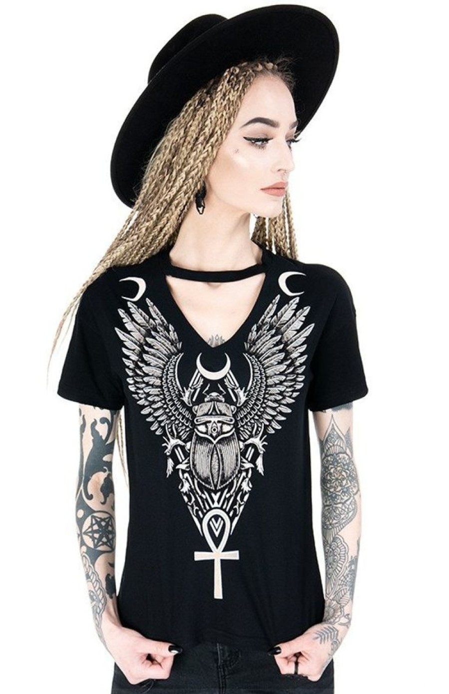 Clothes Restyle | Black Gothic T-Shirt With Choker Ancient Scarab