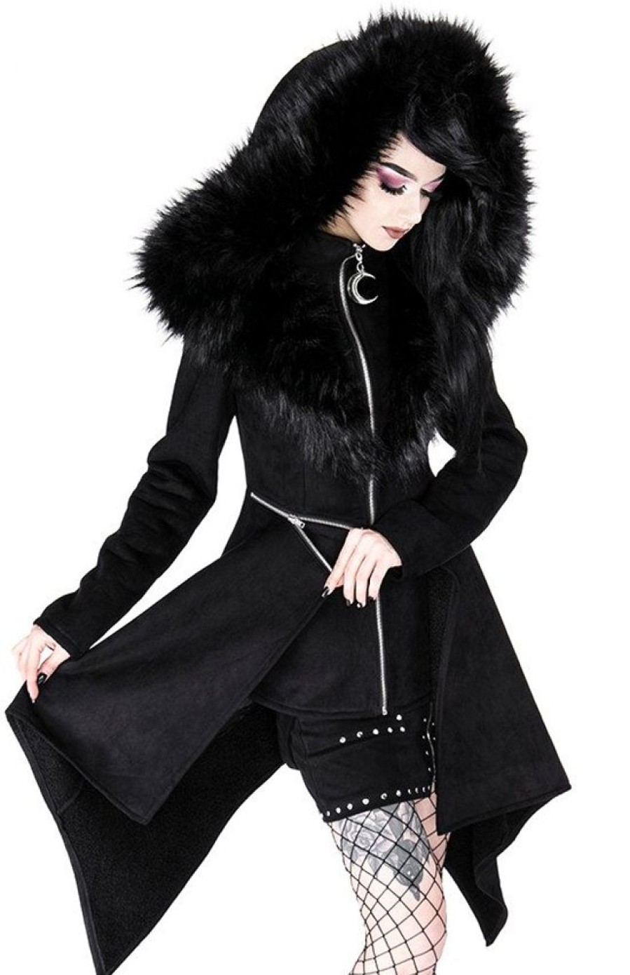 Clothes Restyle | Black Long Gothic Coat With Oversized Furry Hood Mysterium Coat