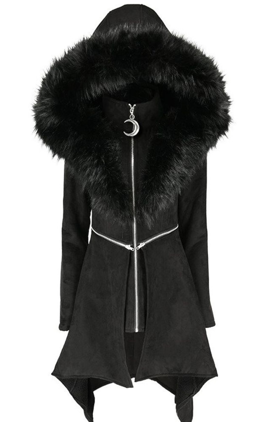 Clothes Restyle | Black Long Gothic Coat With Oversized Furry Hood Mysterium Coat