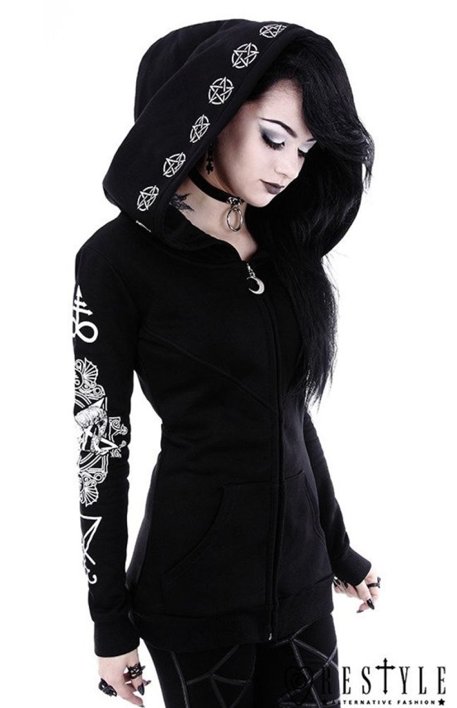 Clothes Restyle | Gothic Blouse With Oversized Hood, Ram Skull And Pentagram "Ritual Hoodie"