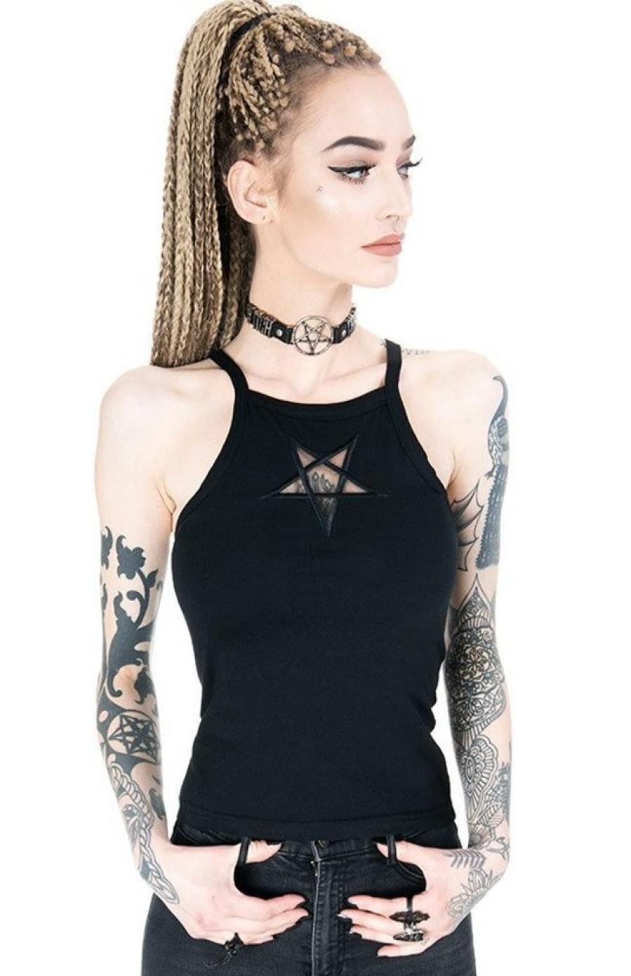 Clothes Restyle | Black Women`S Top Mesh Pentagram