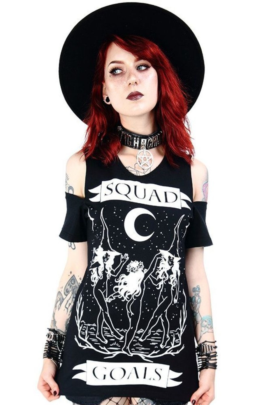 Clothes Restyle | Black Witches Cold Shoulder T-Shirt Squad Goals