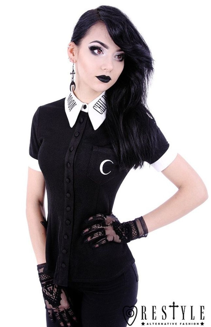 Clothes Restyle | White Collar With Embroidery, Gothic Blouse "Moon Child Shirt"