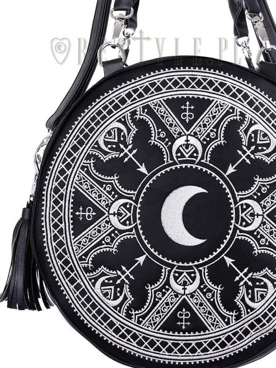 Handbags Restyle | Henna White Round Bag Moon Embroidery Handbag, Witchy Purse With Moon & Tessels