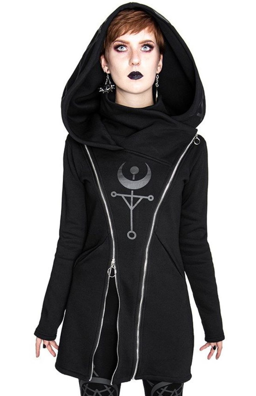 Clothes Restyle | Twin Moon Hoodie Black Gothic Double Zipped Jacket With Print